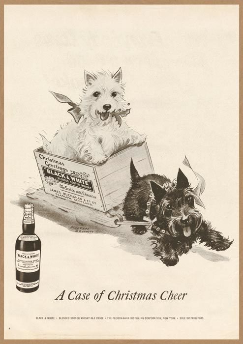 BLACK & WHITE テリア レトロミニポスター B5サイズ 複製広告 ◆ ブラックアンドホワイト 洋酒 ウィスキー 犬 そり USAD5-384_画像1