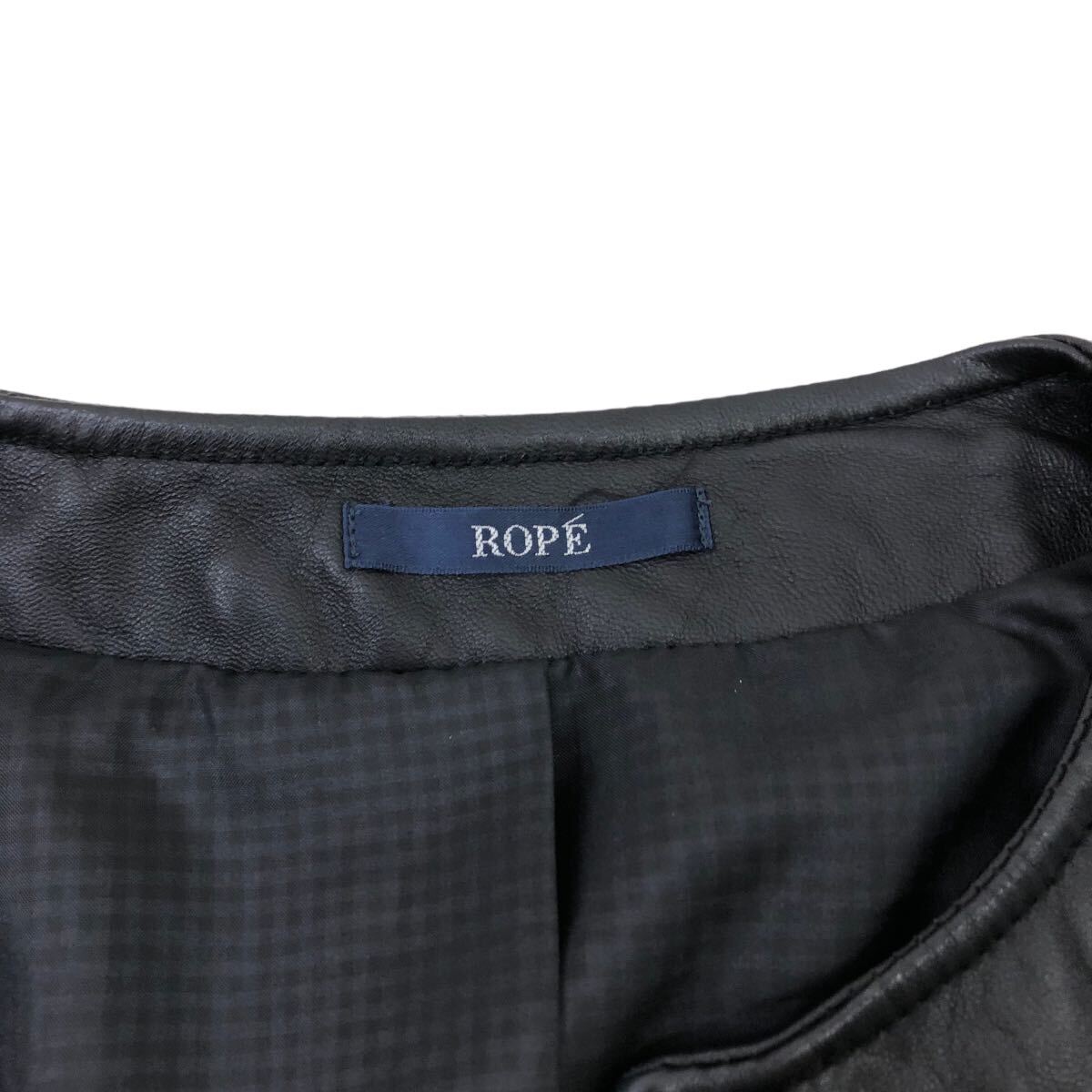 ※Nm205 ROPE ロペ 本革 レザー ノーカラー ジャケット 七分袖わ 皮革 羊革 上着 羽織り アウター ブラック 黒 レディース 実寸参考_画像8