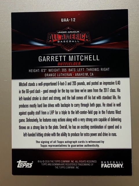 2016 Bowman Baseball Factory Autographed #uaa12 Garrett Mithcell の画像2