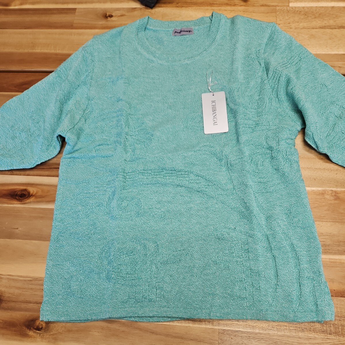 日本製　きれいなターコイスグリーン　半袖ニットセーター　サマーセーター　M_画像1