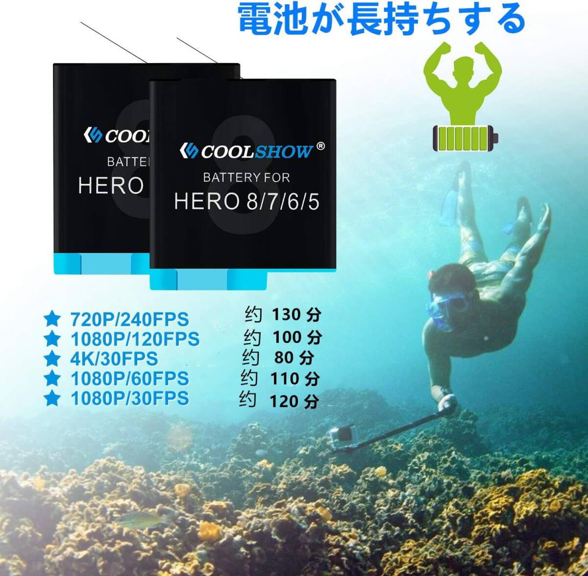 COOLSHOW GoPro Hero 8 バッテリー ゴープロGoPro HERO Black 8 /HERO 7 / HERO_画像3