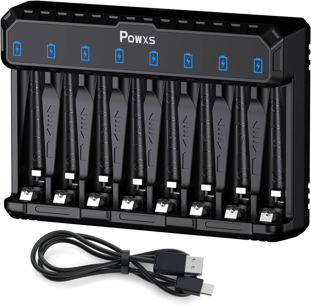 電池充電器 POWXS 急速電池充電器 1.2V ニッケル水素電池/1.5V リチウム電池 単3形・単4形に対応 8スロットで8本の画像1