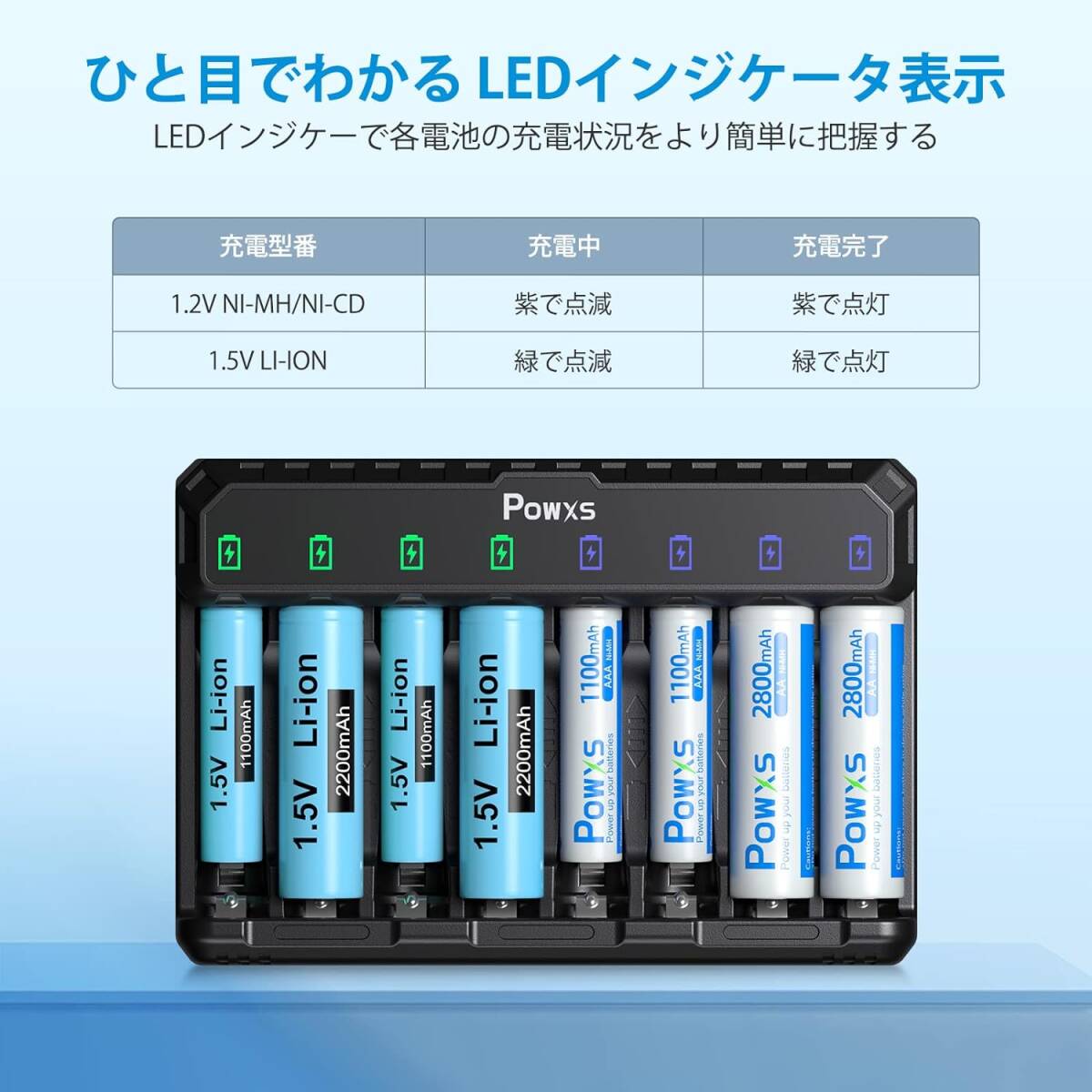電池充電器 POWXS 急速電池充電器 1.2V ニッケル水素電池/1.5V リチウム電池 単3形・単4形に対応 8スロットで8本の画像3