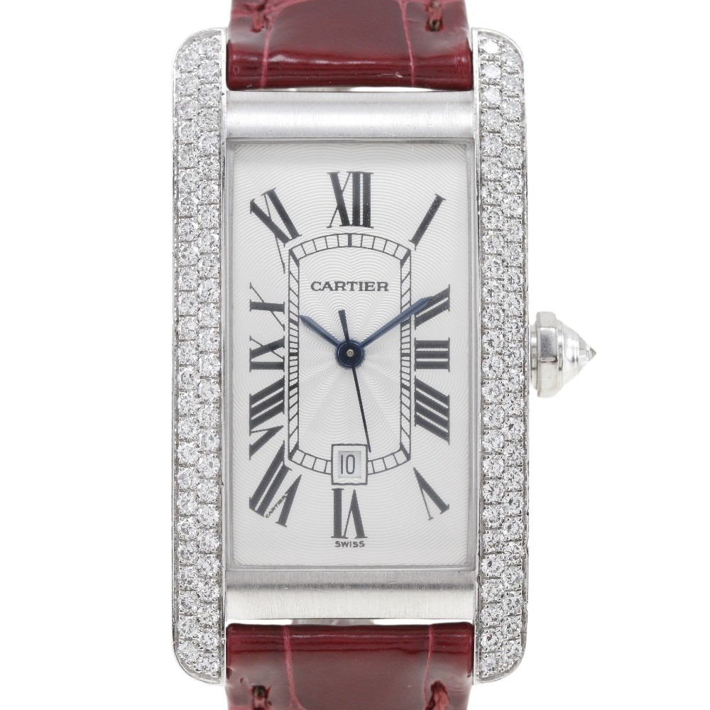 CARTIER カルティエ タンクアメリカンMM ダイヤベゼル 1726 腕時計 K18WG×クロコダイル クオーツ レディース【90000046】中古_画像1