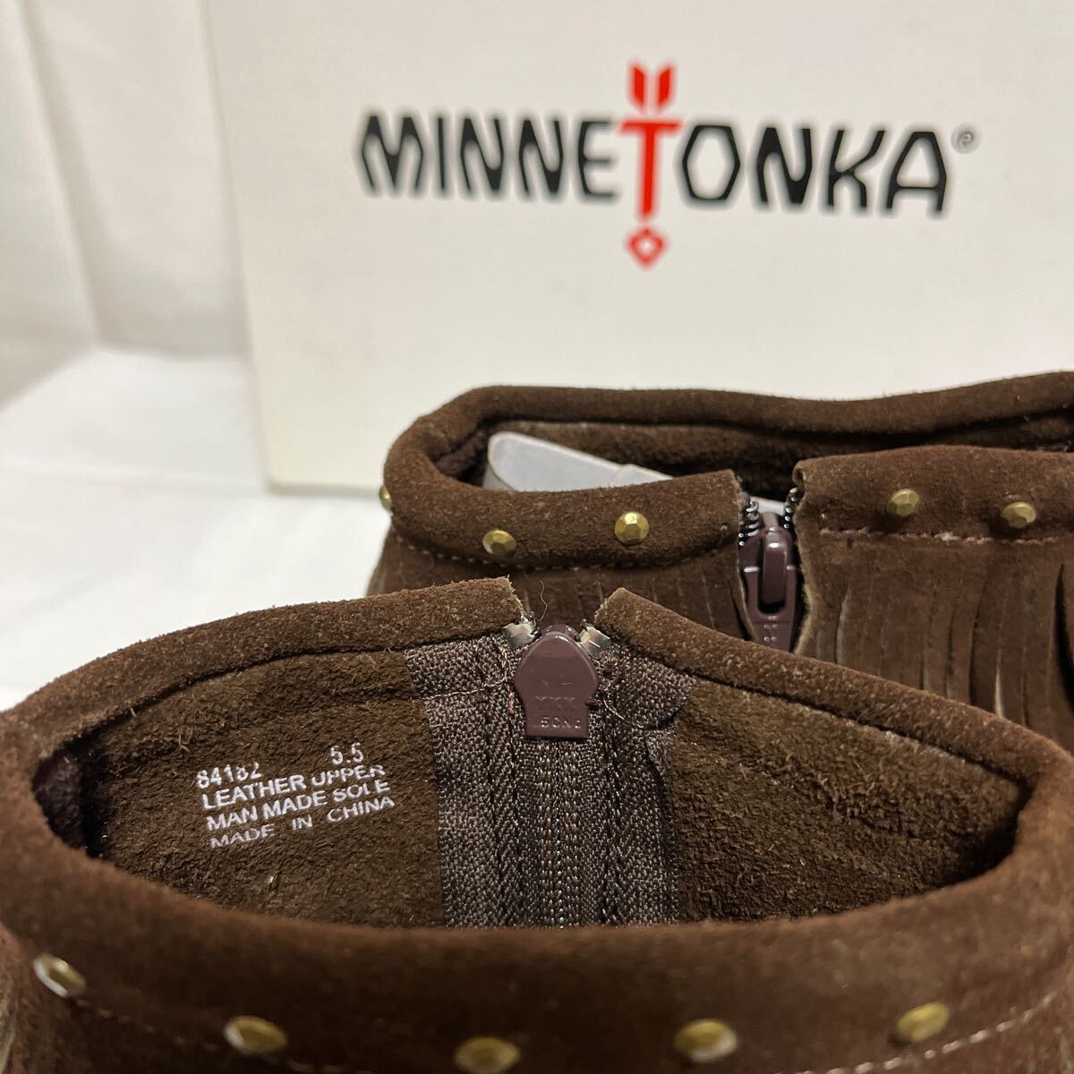 和249★ 箱付き MINNETONKA ミネトンカ フリンジブーツ ショートブーツ サイドジップ 5.5 スエードレザー レディース ブラウン_画像6