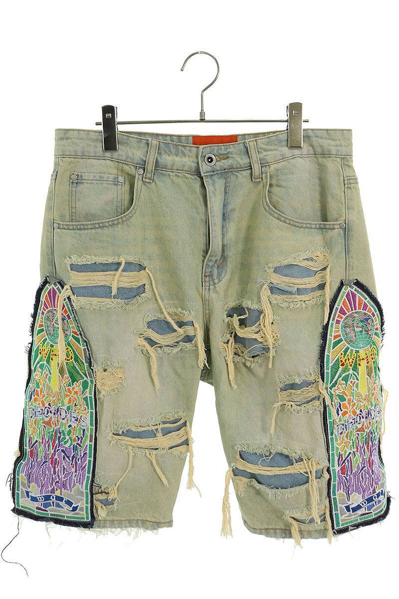 フーディサイズウォー WHO DECIDES WAR CATHEDRAL PATCH DENIM SHORTS 32インチ ダメージ加工パッチデニムショーツハーフパンツ 中古 BS99の画像1