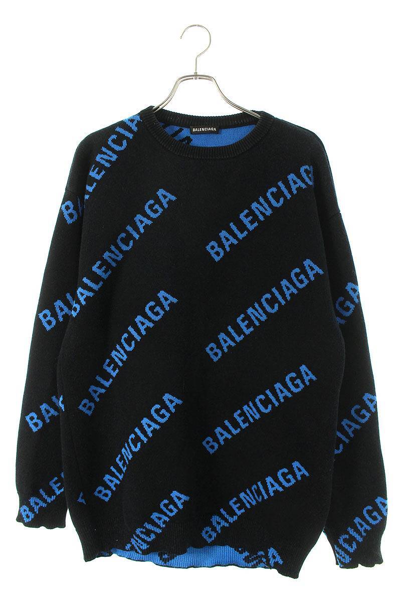 バレンシアガ BALENCIAGA 20AW ALLOVER LOGO CREWNECK 625970 T3178 サイズ:XS ロゴ総柄ジャガードオーバーシルエットニット 中古 SB01_画像1