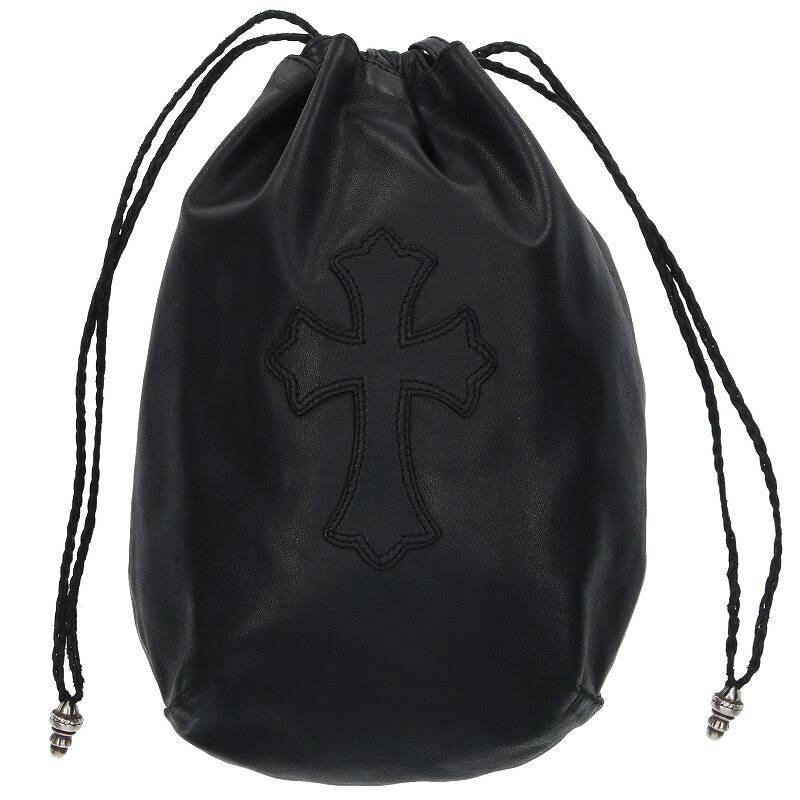 クロムハーツ Chrome Hearts DRW STRNG SACK CRS PATCH クロスパッチドローストリングサックレザー巾着ハンドバッグ 中古 NO05_画像1