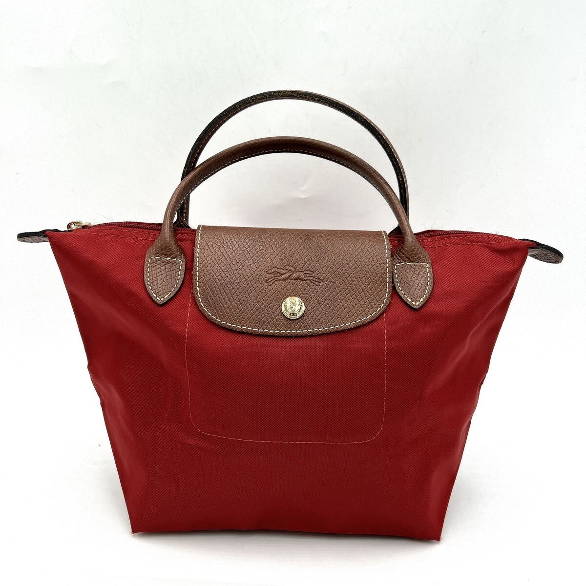 A @ 洗礼されたデザイン '高級感溢れる' Longchamp ロンシャン 一部 LEATHER チャック付き トートバッグ 手提げ鞄 ハンドバッグ 赤系 _画像1