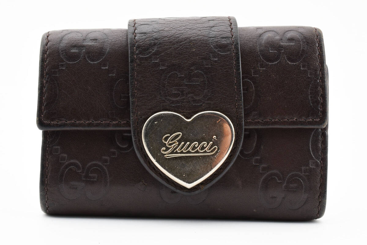 1円〜美品　GUCCI　グッチ　6連　キーケース　グッチシマ　ラブリーハート　レザー　ダークブラウン系　レディース_画像1