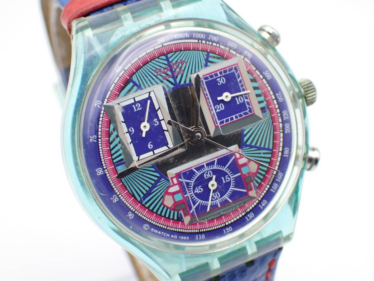 ●1000円～☆swatch スウォッチ QZ メンズ腕時計 AG1993 クロノグラフ 3針 革ベルト/N3084-700③_画像2