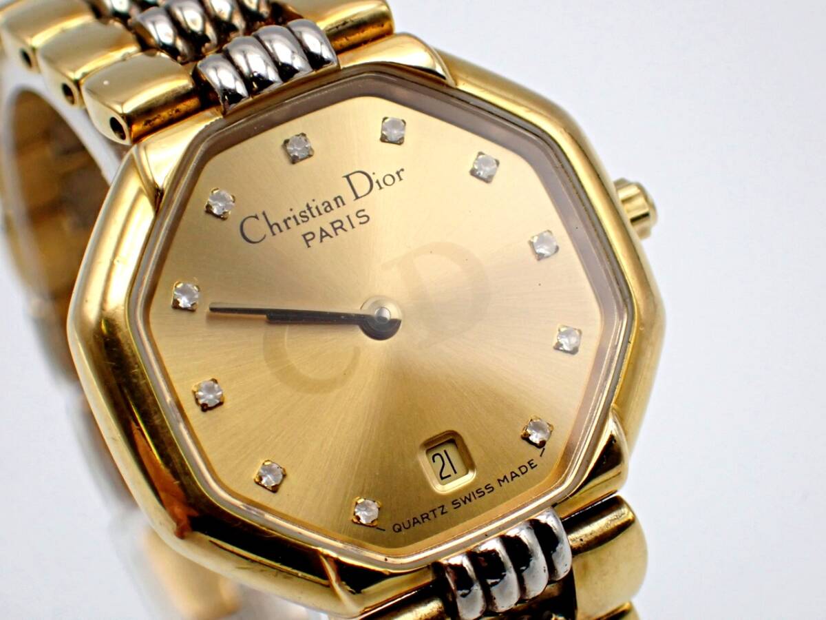 1円～★Christian Dior クリスチャンディオール 48.133 オクタゴン QZ 白文字盤 デイト レディース腕時計 / P532910の画像2