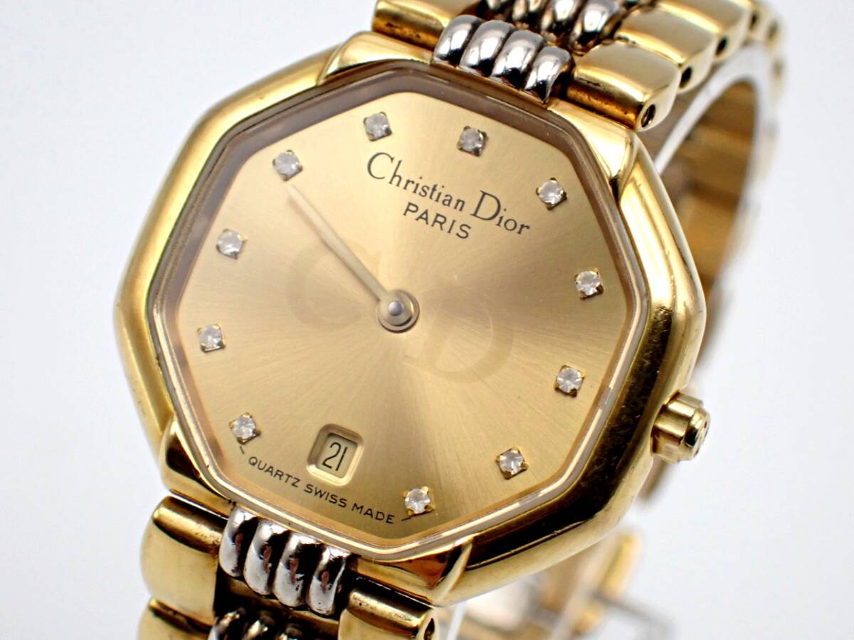 1円～★Christian Dior クリスチャンディオール 48.133 オクタゴン QZ 白文字盤 デイト レディース腕時計 / P532910の画像1