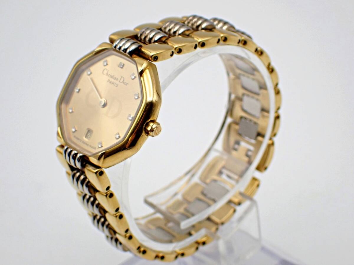1円～★Christian Dior クリスチャンディオール 48.133 オクタゴン QZ 白文字盤 デイト レディース腕時計 / P532910の画像3