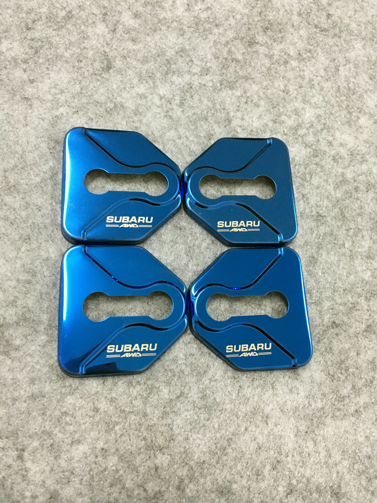 スバル SUBARU 車のドアロックストライカーカバー 装飾カバー部品 ドアストライカー ステンレスカバー 4枚セット ブルー_画像1