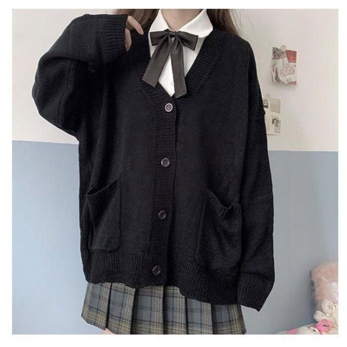 スクールカーディガン 黒 フリーサイズ オールシーズン 学生 男女兼用  カーディガン 制服 学生服 長袖