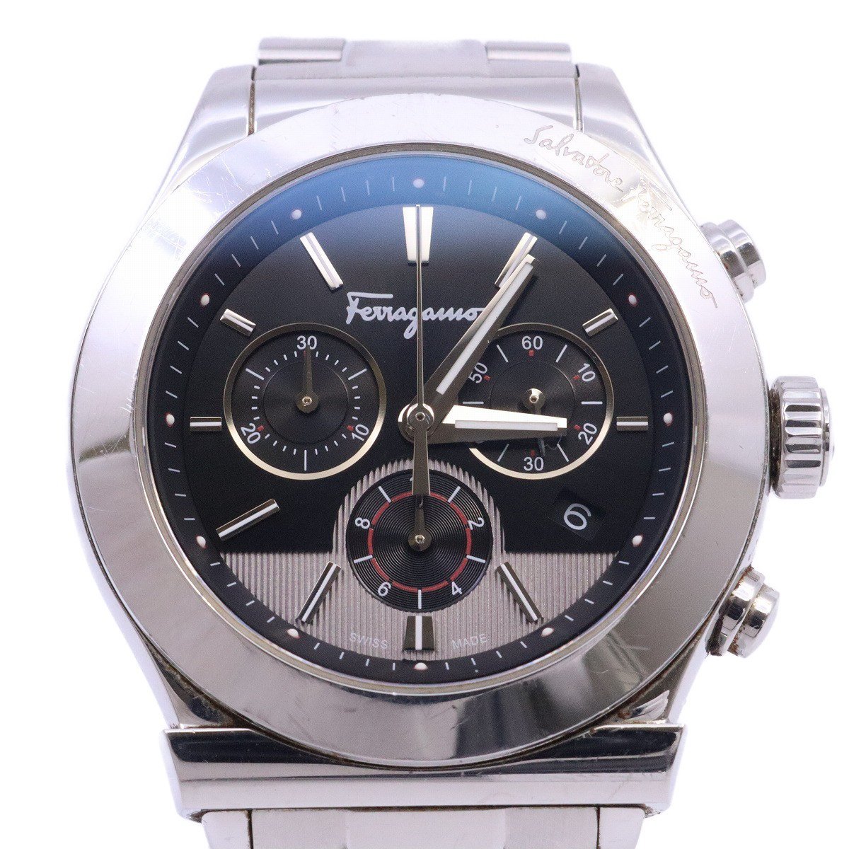 [ goods with special circumstances ] Ferragamo chronograph quartz men's wristwatch black face original SS belt FFM[... pawnshop ]