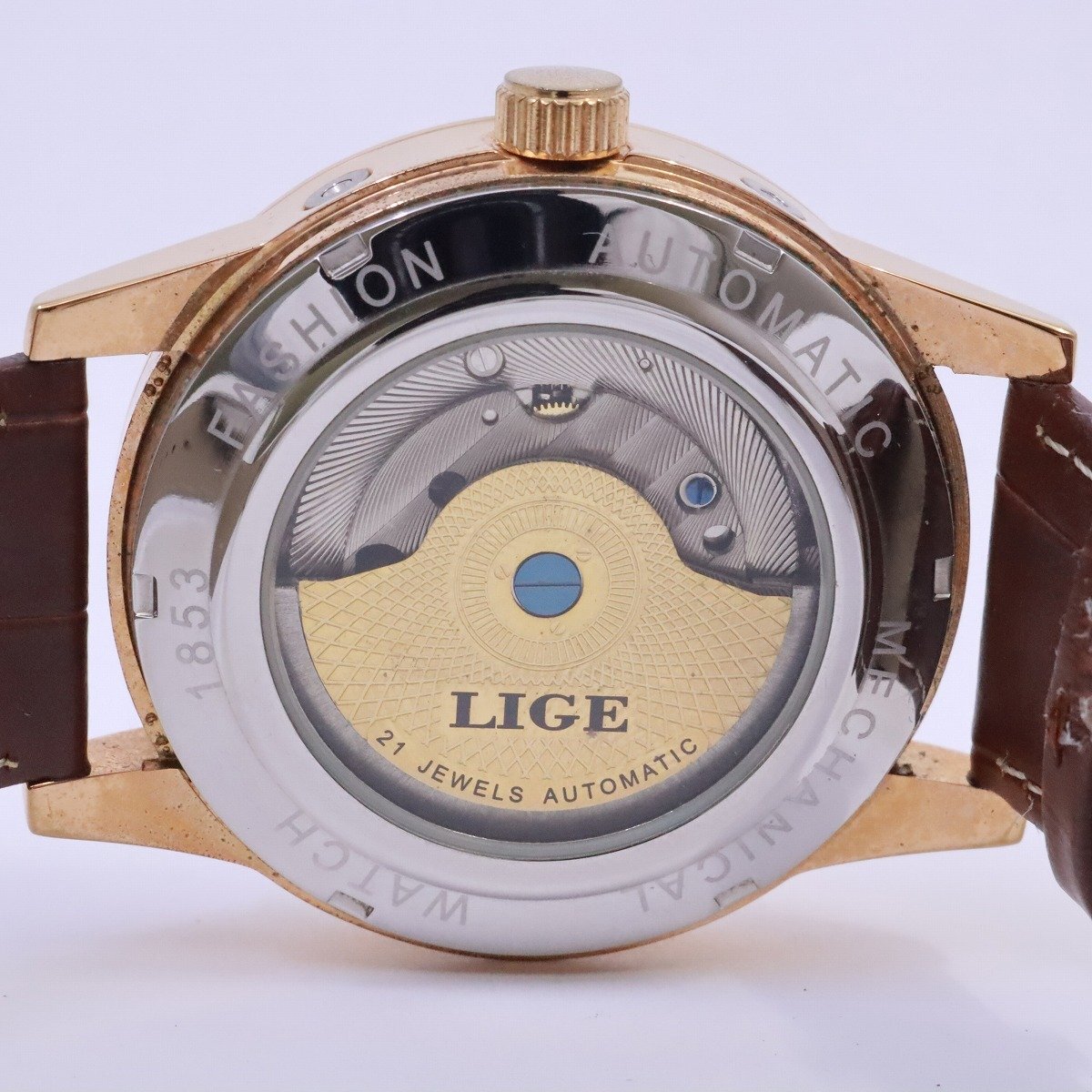 【美品】LIGE ファッション メカニカルウォッチ 自動巻き メンズ 腕時計 デイデイト セミスケルトン 革ベルト【いおき質店】の画像8