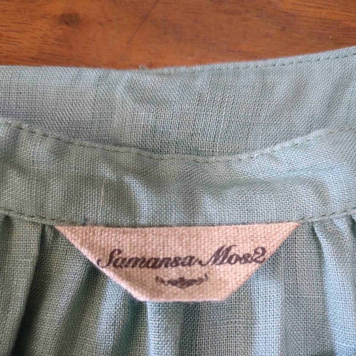 サマンサモスモス　ＳＭ２　バンドカラーのワンピース　付け襟セット　リネン　グリーン　青緑　_画像9