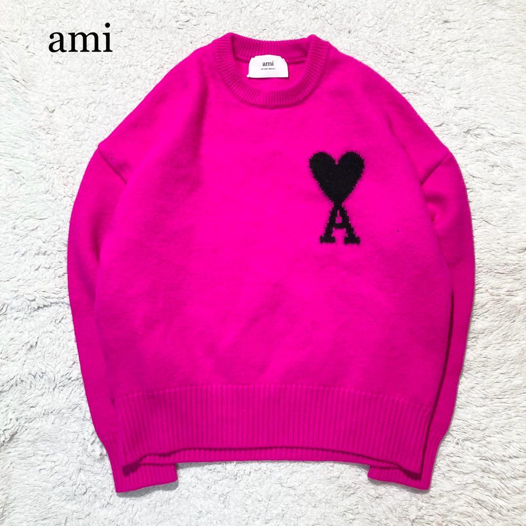【極美品】ami アミ ニット セーター ショッキングピンク ロゴ M
