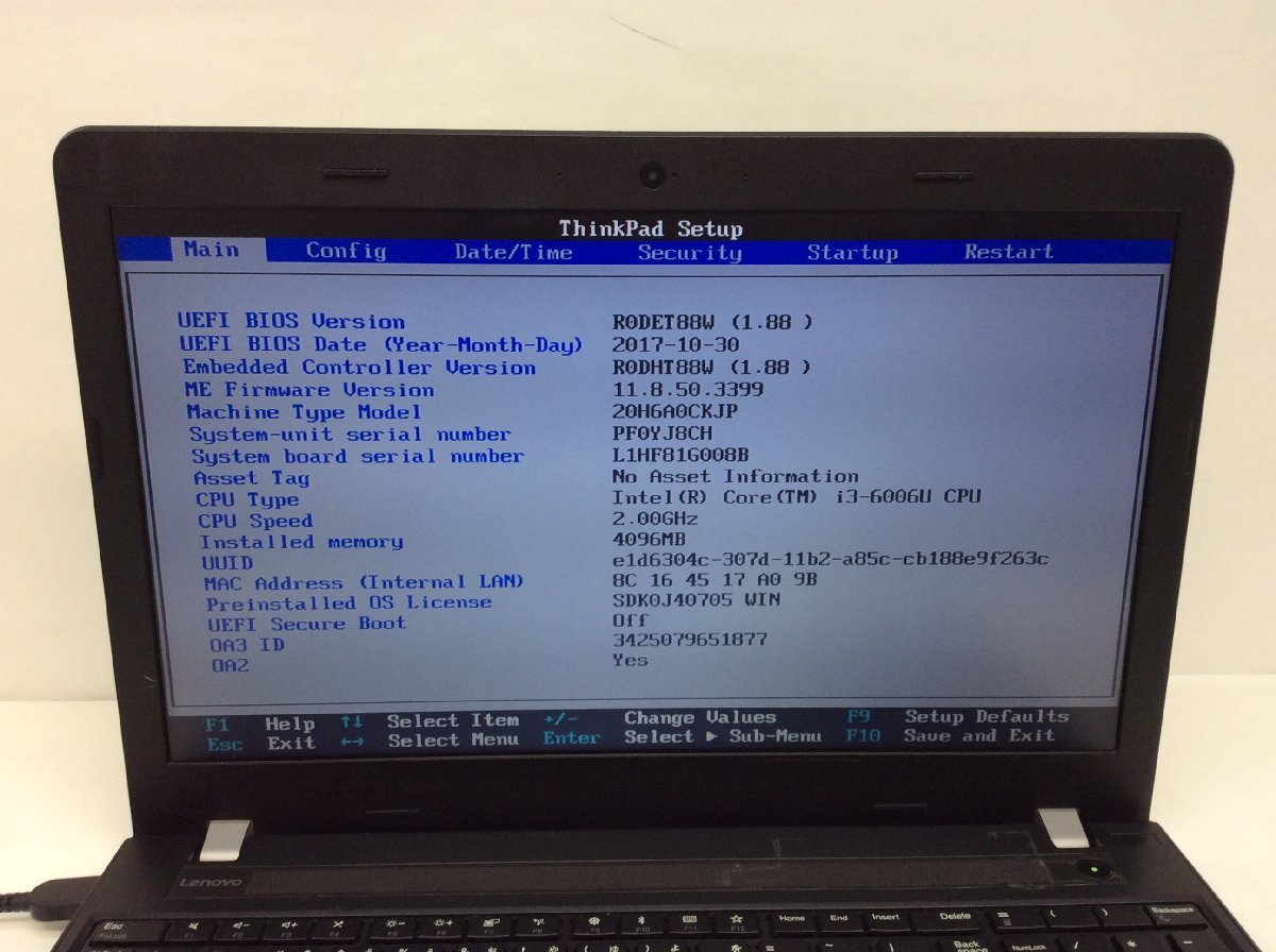 ジャンク/ LENOVO 20H6A0CKJP ThinkPad E570 Intel Core i3-6006U メモリ4.1GB HDD500.1GB 【G13423】_画像4