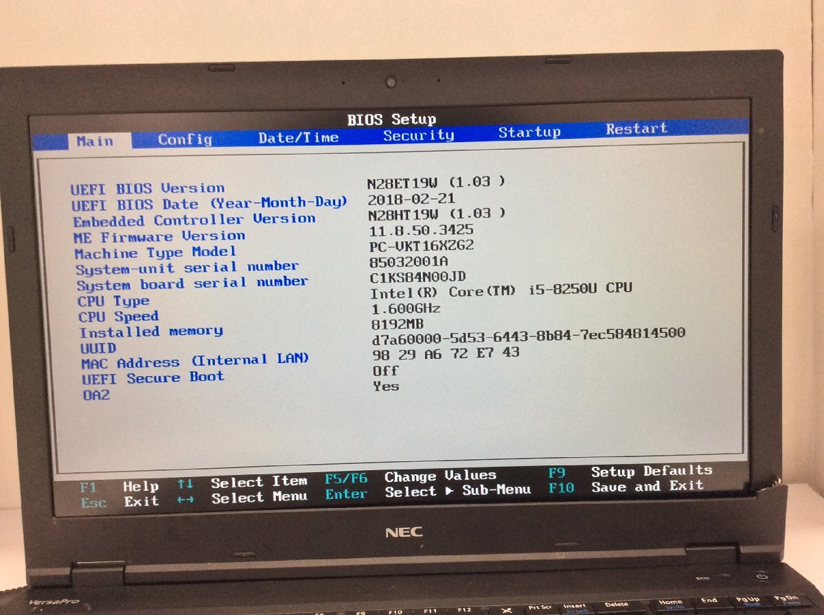 ジャンク/ NEC PC-VKT16XZG2 Intel Core i5-8250U メモリ8.19GB ストレージ無し 【G20887】_画像9