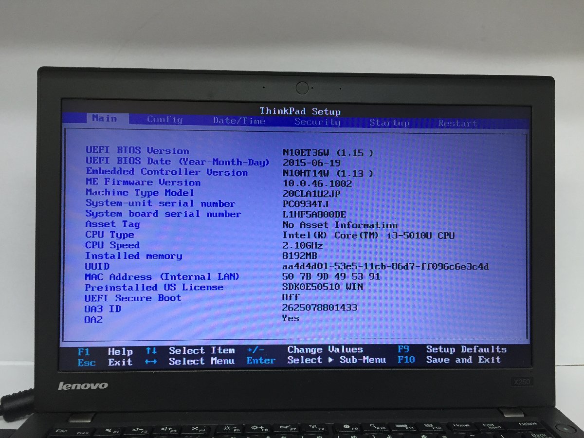 ジャンク/ LENOVO 20CLA1U2JP ThinkPad X250 Intel Core i3-5010U メモリ8.19GB HDD500.1GB 【G19606】_画像5