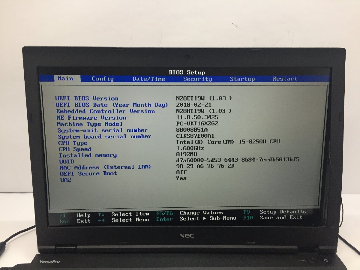 ジャンク/ NEC PC-VKT16XZG2 Intel Core i5-8250U メモリ8.19GB ストレージ無し 【G20875】_画像5