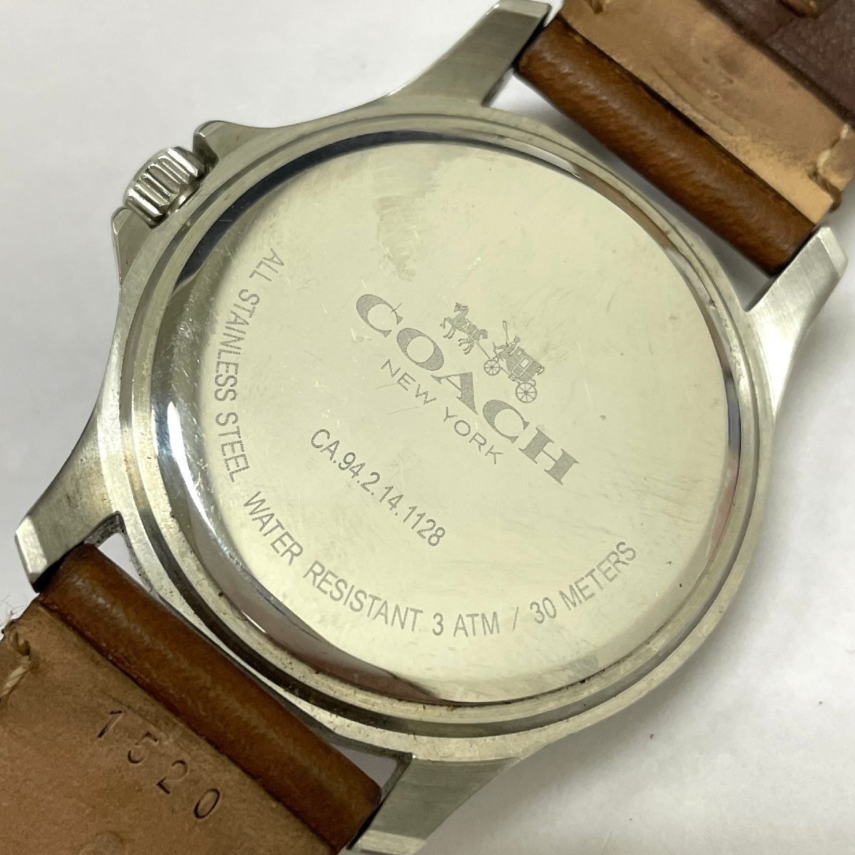 ◆コーチ COACH◆CA.942.14.1128 クォーツ 腕時 メンズ ウォッチ ホワイト文字盤 SS レザーブレス 不動品_画像3