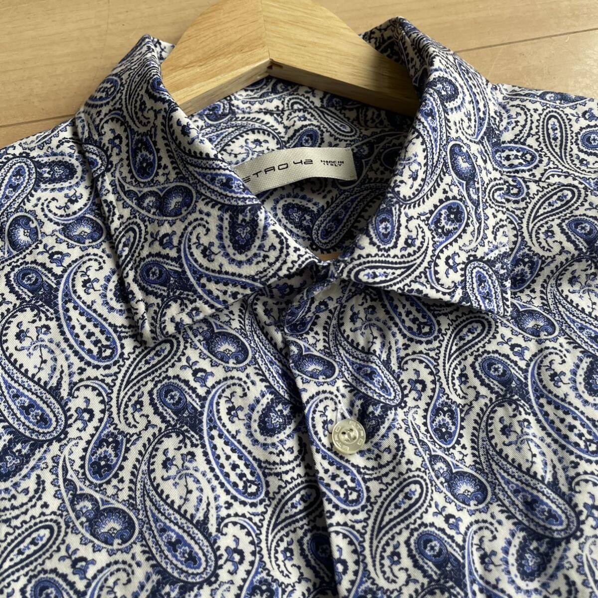 ... blue *peiz Lee pattern [ETORO/ Etro ] beautiful goods XL corresponding total pattern kata way long sleeve shirt size42 Italy made spring summer cotton material blue stamp .