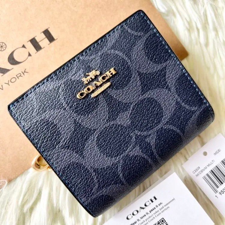 【新品・未使用】COACH コーチ 二つ折り財布 ネイビー スナップボタン ゴールド金具