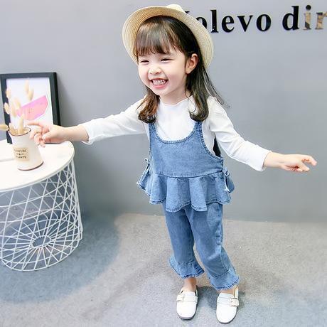  new goods unused 90cm(#BM Denim ko-te set ) frill Denim pants setup baby child girl bustier long sleeve T shirt camisole 