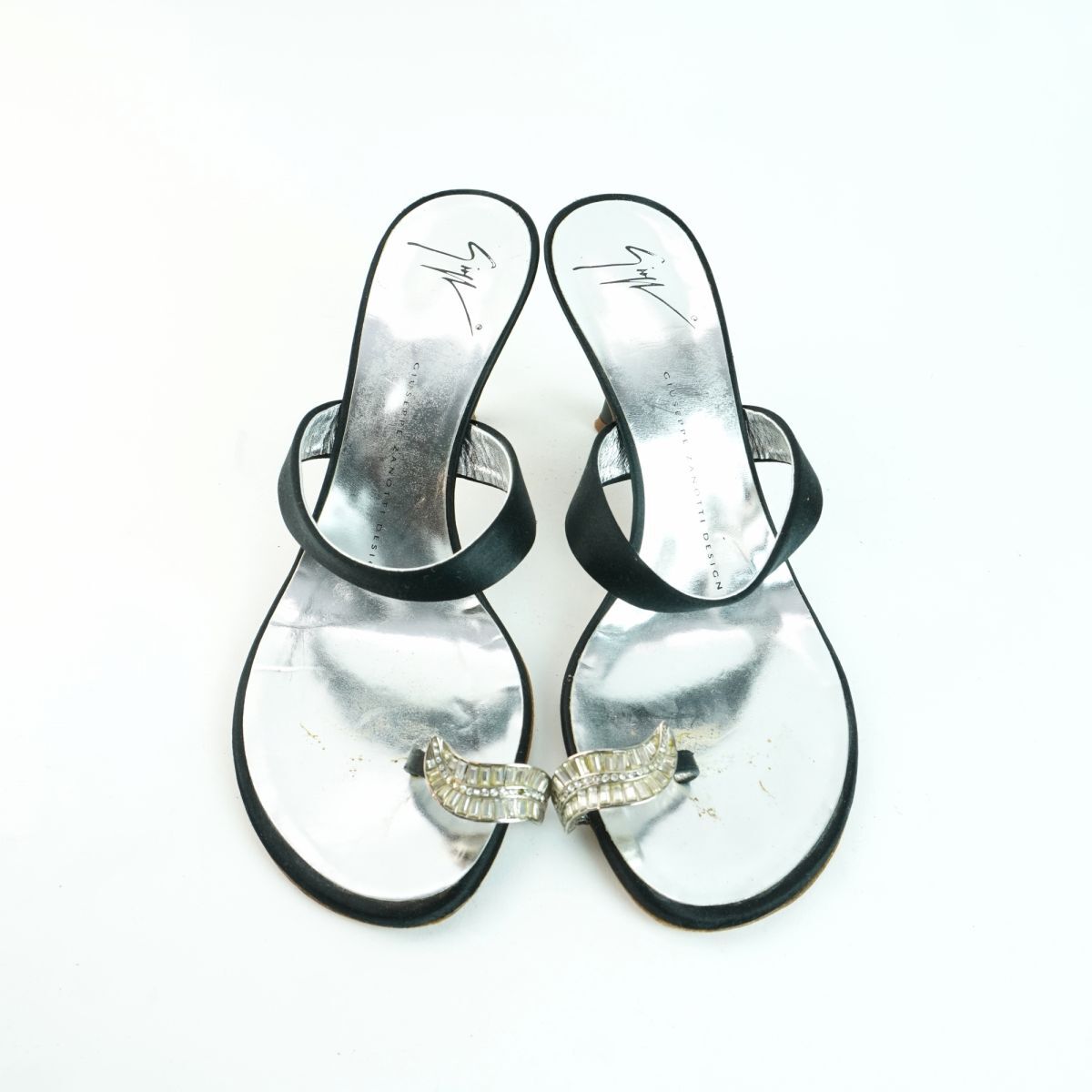 Giuseppe Zanotti Design Giuseppe Zanotti 38 24.5 сандалии Италия производства каблук цветной камень чёрный черный серебряный /NC68