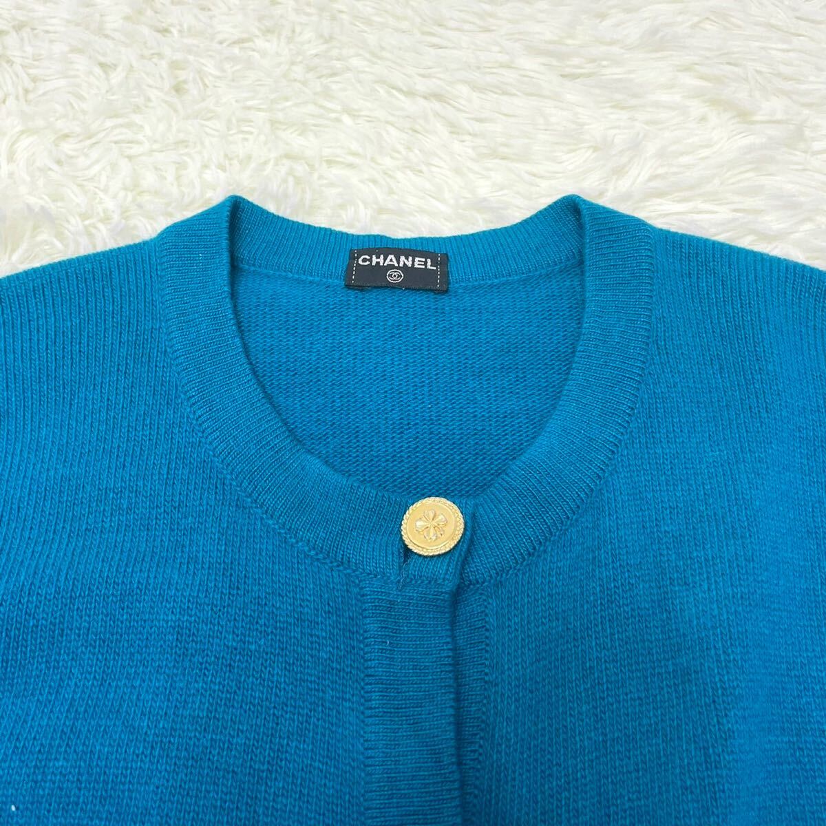 [ кашемир 100%] Chanel [ clover золотой кнопка ] CHANEL кардиган вязаный свитер здесь Mark вышивка Logo бирюзовый голубой 1 L ранг 