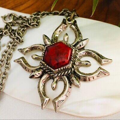 Vintage ART Maltese Cross Pendant Silver Necklace Arthur Pepper Red Stone 4305 海外 即決