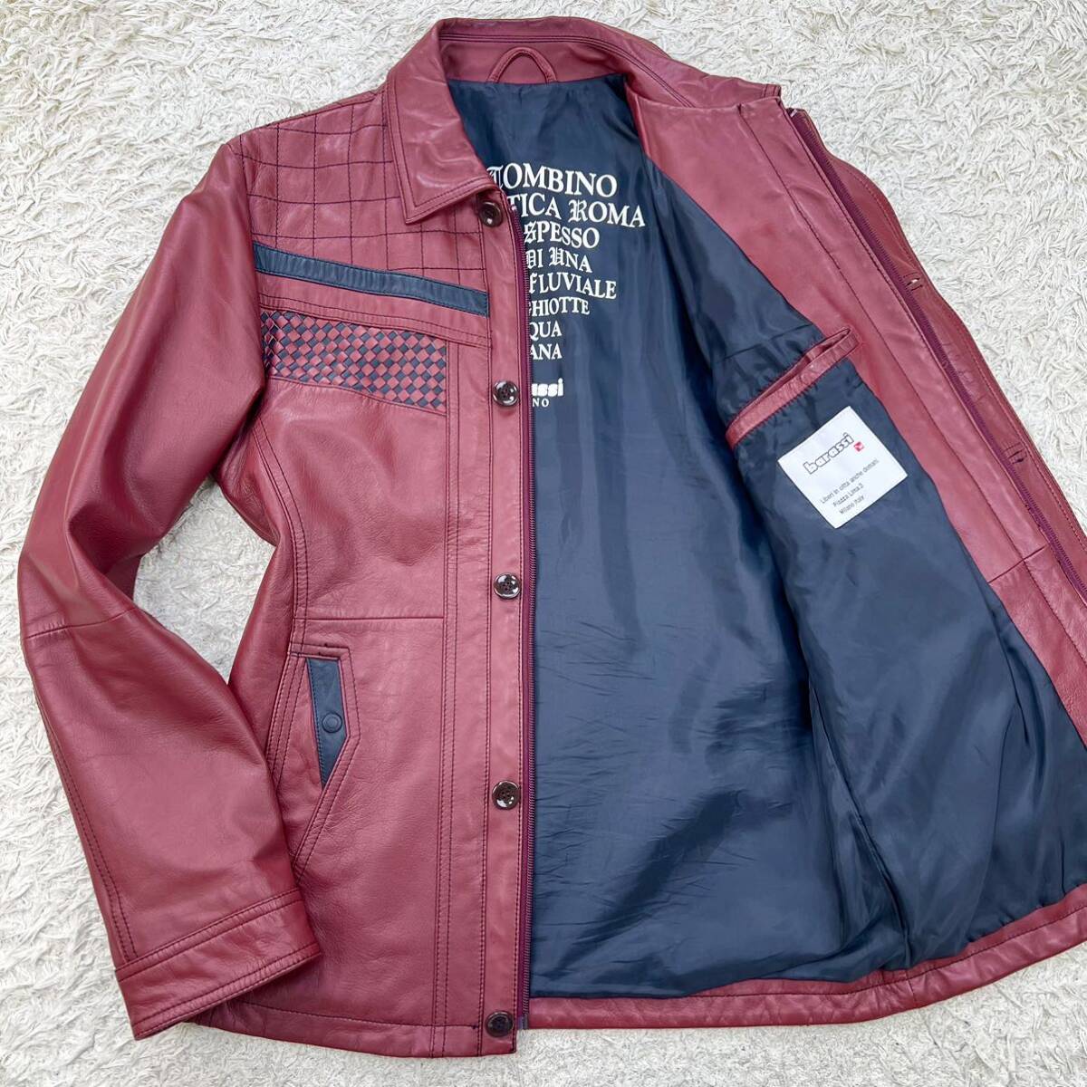  unused class!!! rose si[ emperor. ..]barassi rider's jacket 46 L sheep leather ram leather lining total pattern illusion one class goods * knitting red red spring summer 