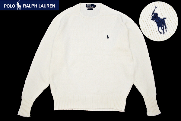 Y-7184★超美品★Polo by Ralph Lauren ポロ ラルフローレン★ホワイト白色 ポニーロゴ刺繍 綿 コットンニット セーター Ｌ _画像1