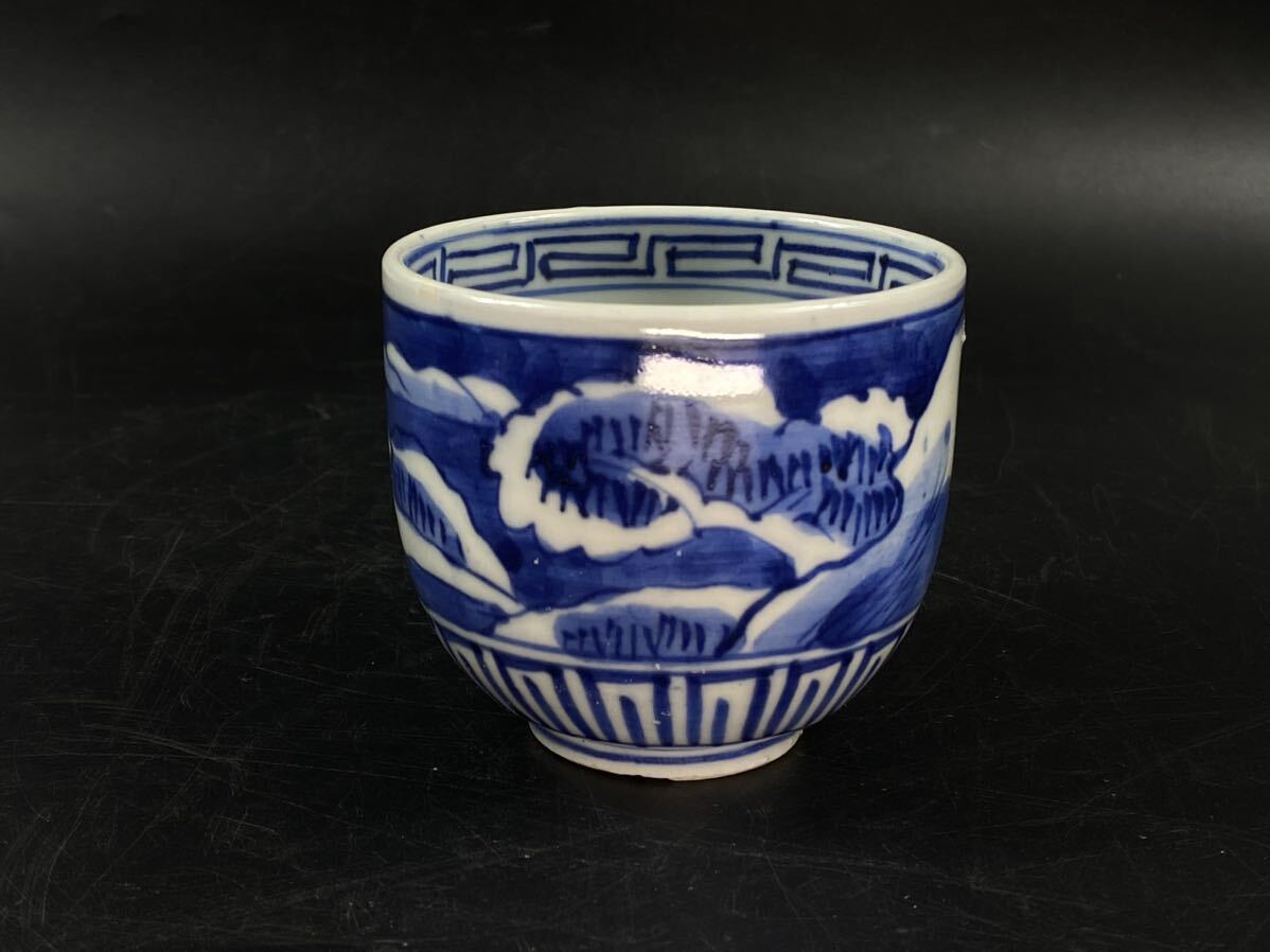 【福蔵】幕末明治期 古伊万里 蕎麦猪口 染付 風景文 時代美品 径7.7cm_画像1