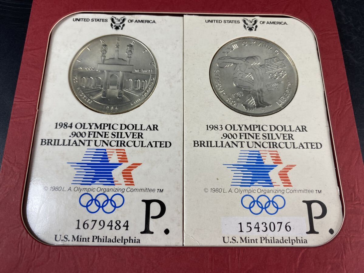【福蔵】ロサンゼルスオリンピック 記念銀貨 1ドル 2枚 セット ケース付 1983年 1984年 900 FINE SILVER 本物 一枚重26.73g 計53.46gの画像2