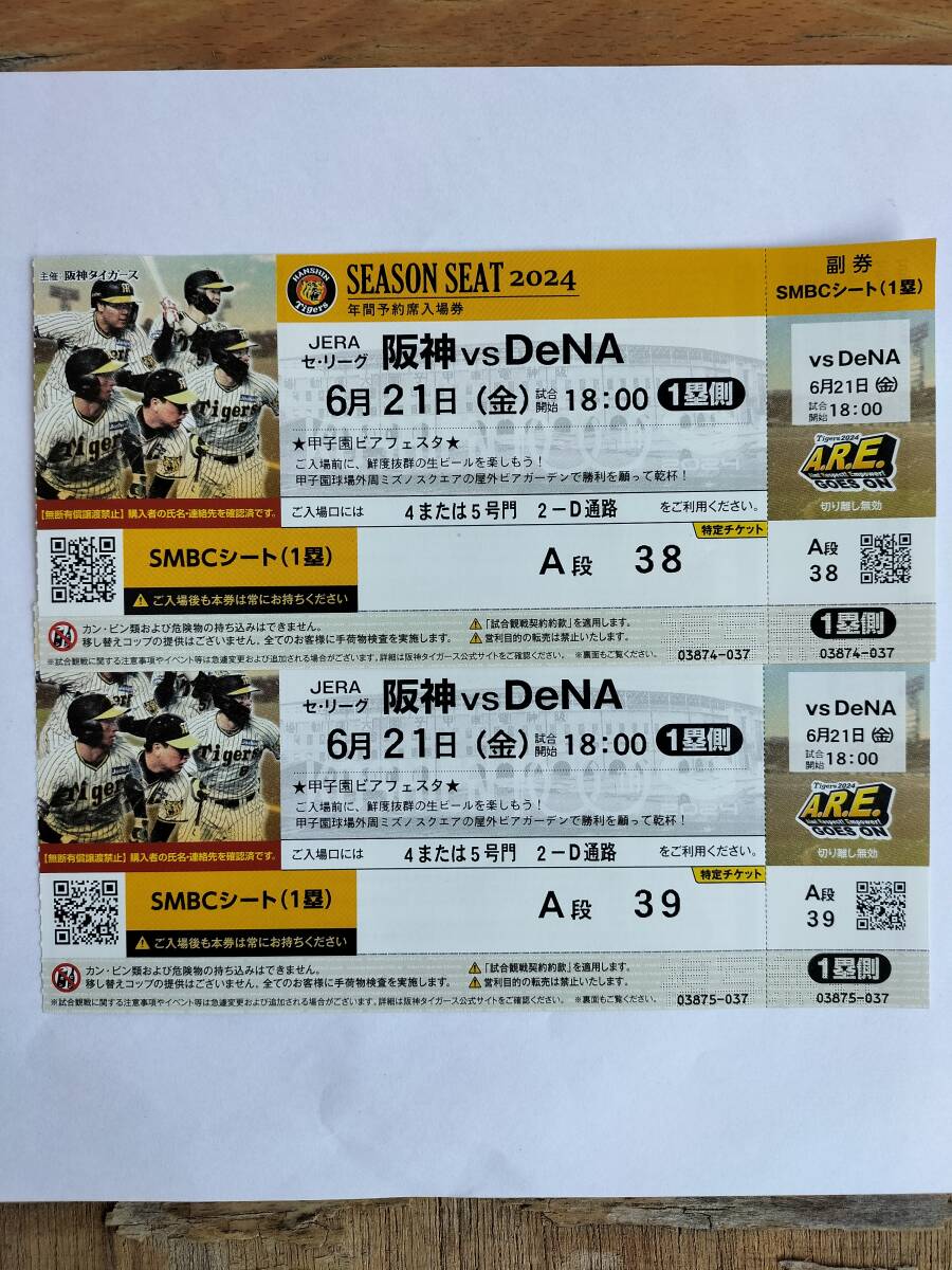 6月21日（金）18:00～　阪神甲子園球場　阪神VS DeNA　SMBC一塁側　2連ペアチケット　送料無料_画像3