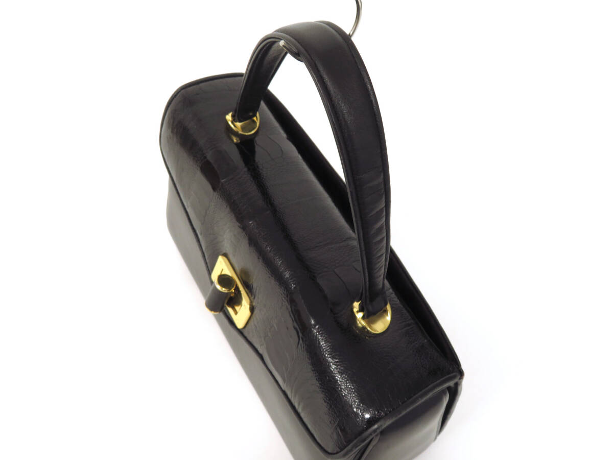 16288 美品 高級 オーストリッチ レッグ × レザー ターンロック ゴールド金具 ハンドバッグ 手持ち 鞄 黒 ブラック フォーマル レディース_画像5