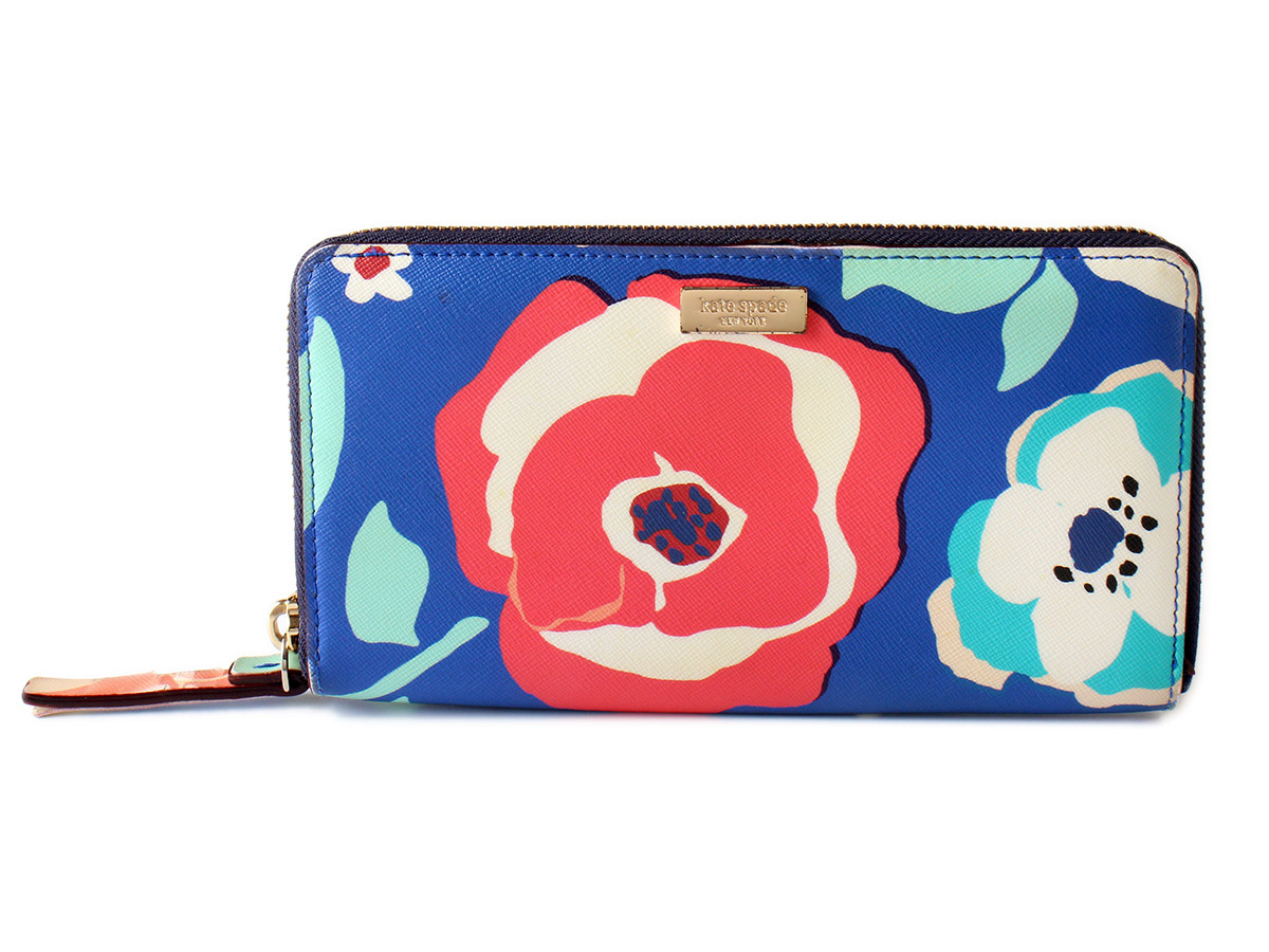 N15868 美品 kate spade ケイトスペード 花柄 ラウンドファスナー 長財布 ロングウォレット フラワー柄 ブルー×マルチカラー 札入れ_画像1