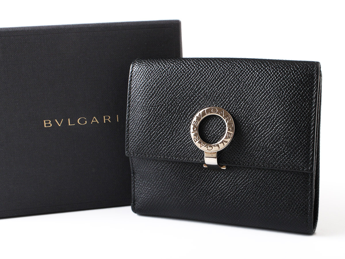 N15862 美品 BVLGARI ブルガリ Wホック 二つ折り 財布 ブラック 黒 メンズ 兼用可 レザー ウォレット イタリア製 箱付き パスケース_画像1