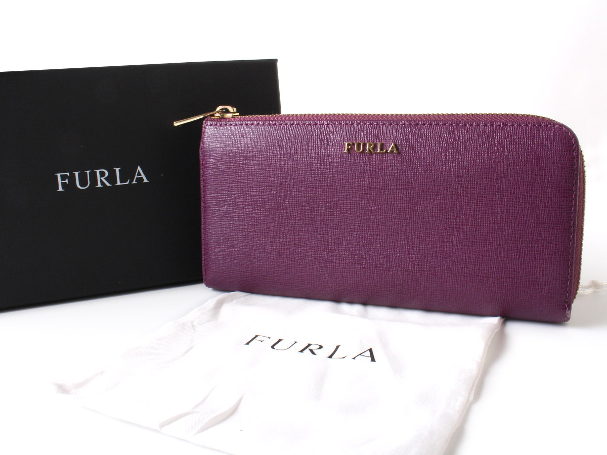 N15916 美品 FURLA フルラ 長財布 L字ファスナー レザー ロングウォレット 定価2.6万 パープル 札入れ 小銭入れ 箱付き 保管袋付き_画像1