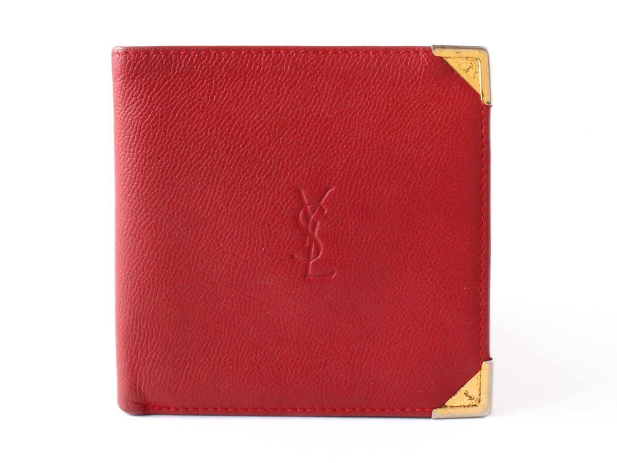 E16302 美品 Yves Saint Laurent イヴサンローラン YSLロゴ 二つ折り 財布 レザー ヴィンテージ 本革 レッド 赤 ウォレット ゴールド金具_画像1