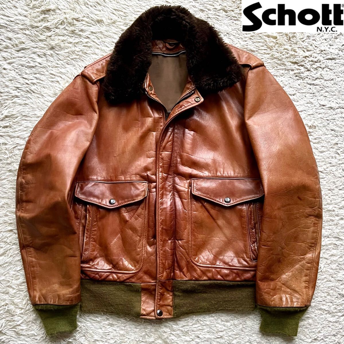 【純正襟ボア付】ショット Schott G-1 フライトジャケット 184SM ライトブラウン 40レザージャケット 本革 ビンテージ USA製 _画像1