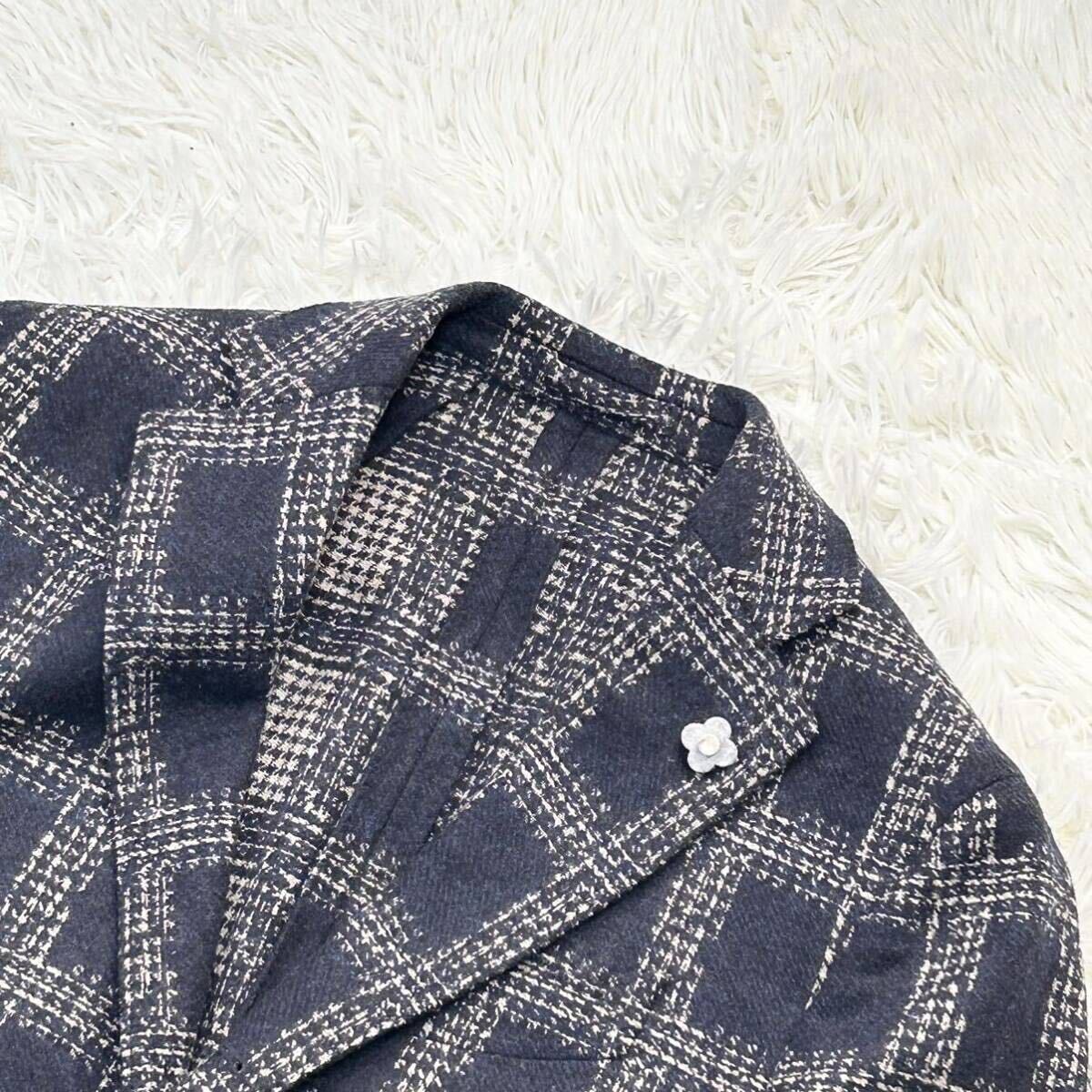 ●最高級の逸品●LARDINI ラルディーニ ブートニエール テーラード ジャケット 上着 スーツ ビジネス チェック ウール メンズ 3B 紺 Mの画像4