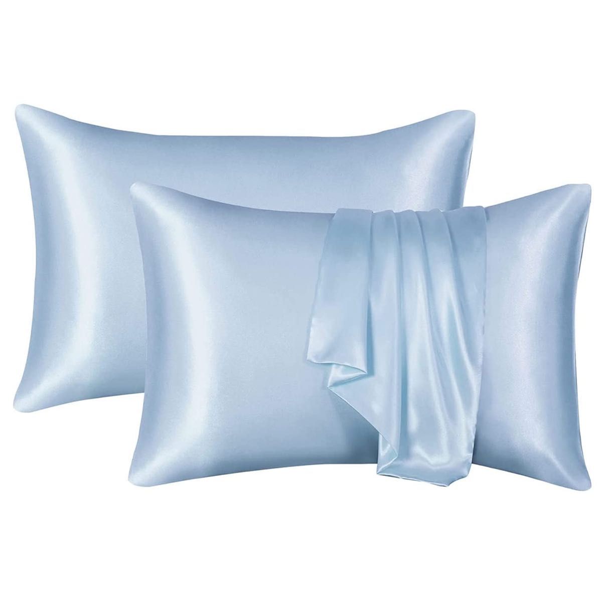 枕カバー ２枚セット サテンの枕カバー 封筒式ピローケース  シルクタイプ 滑らかな材質 静電気防止 (35*50, 空色)