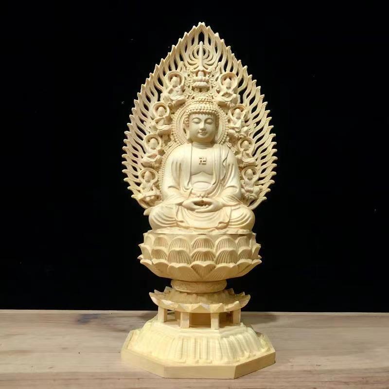 仏像 木彫 阿弥陀仏座像 木彫仏像 彫刻工芸品 家庭用仏壇供養 檜木 高約28cm