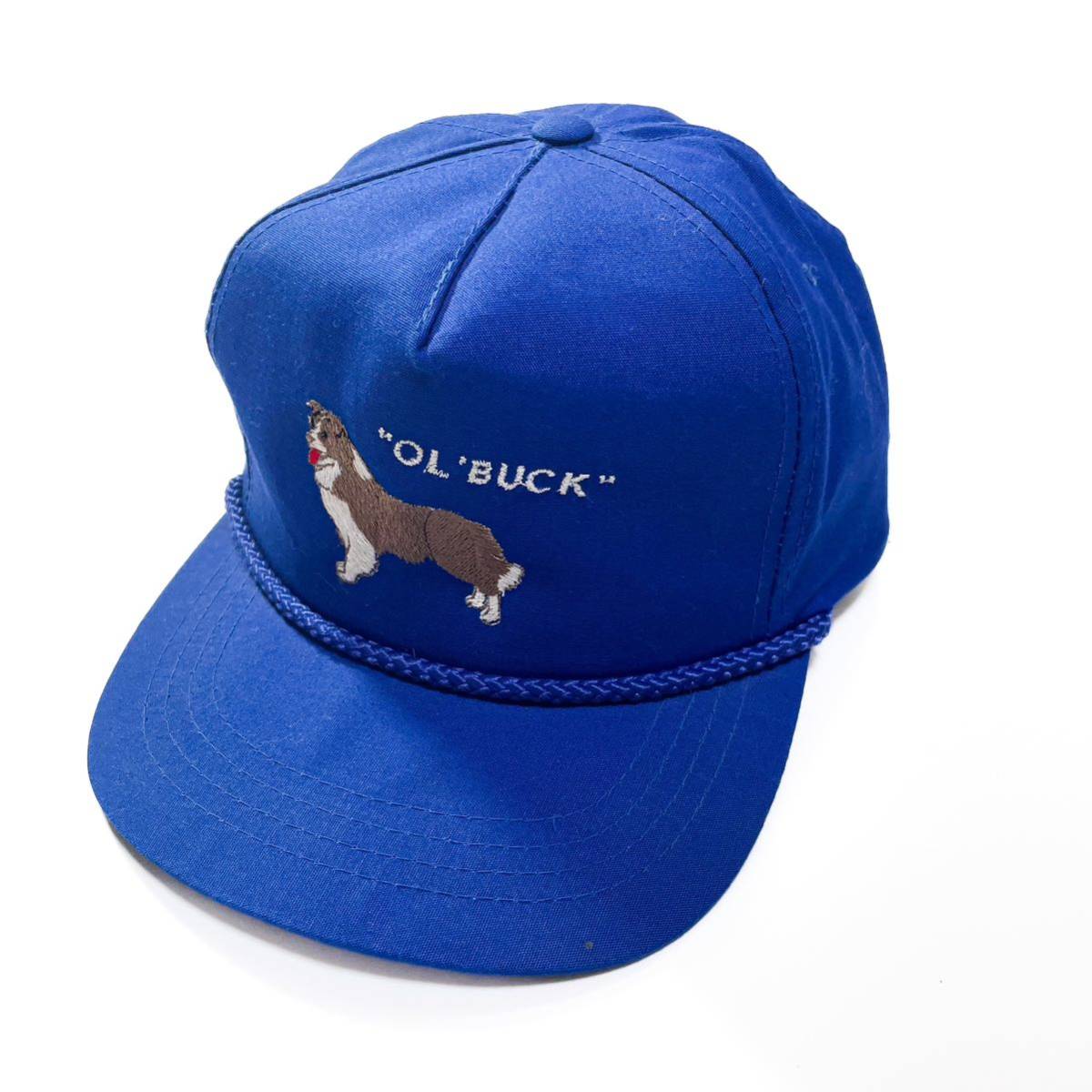 90s OL Buck 企業 キャップ 帽子 80s トラッカー ビンテージ usa old ブルー 刺繍 アメリカ ベースボール cap free 犬 動物 dog orvis